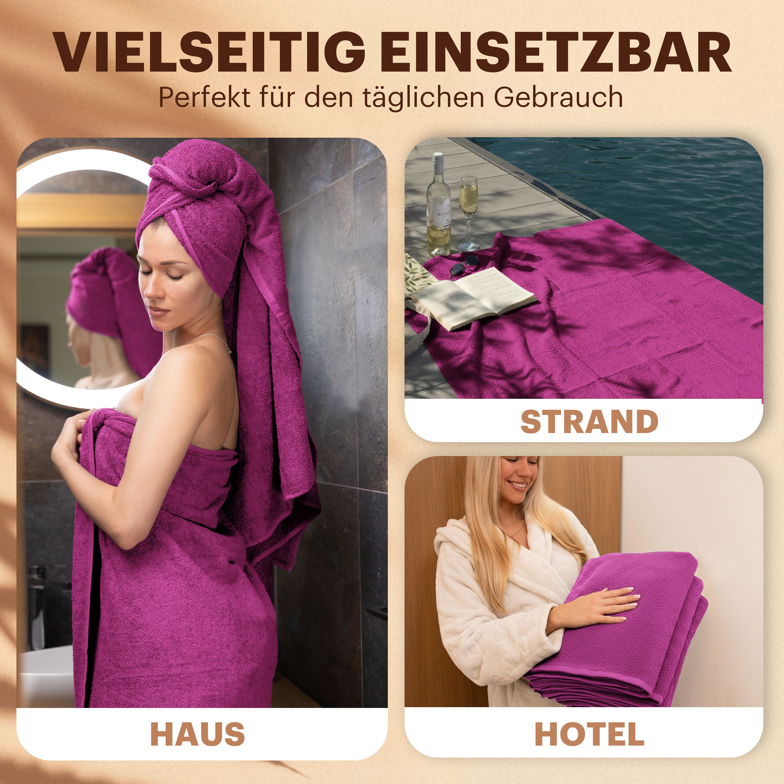 NatureMark Duschtuch 4er-Sparpack Frottier Duschtücher 70x140cm, 100% Baumwolle (4-St), Duschhandtuch 70x140cm Pink – Bild 5 von 5