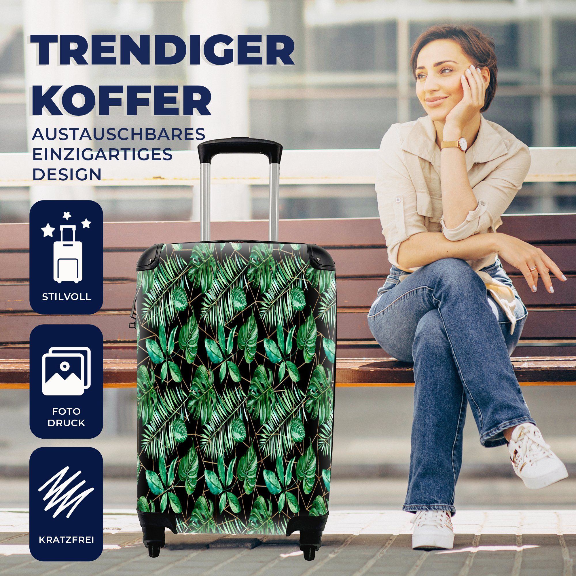 Trolley, Handgepäck - - Reisetasche Handgepäckkoffer Farne, MuchoWow für Rollen, 4 rollen, Vintage mit Ferien, Blätter Reisekoffer