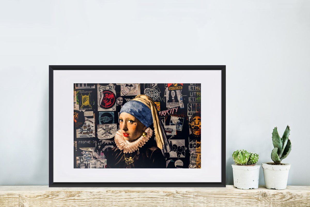 Vermeer, Das Perlenohrring Bilderrahmen Mädchen St), - - Poster, Gerahmtes dem Kunstdruck, Tätowierung MuchoWow mit mit Poster Rahmen, (1 Schwarzem