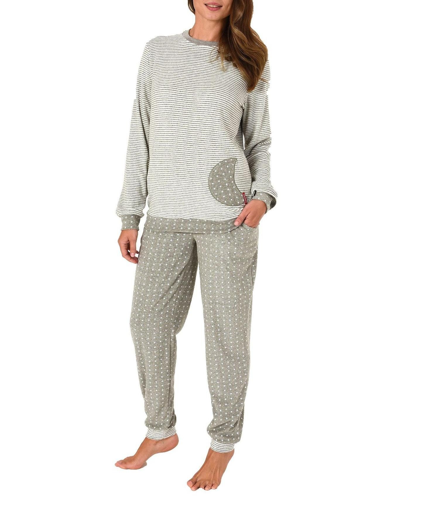 Normann Pyjama Normann Damen Frottee Pyjama mit Bündchen in Tupfen- und Ringeldesign