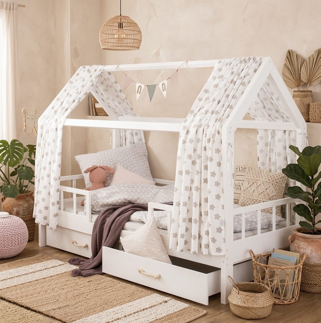 Puckdaddy GmbH Hausbett 90x200 - Kinderbett weiß, Holz mit Schubladen + Rausfallschutz, Montessori Hausbett 90x200 mit Schubladen: 2 x Bettkasten auf Rollen