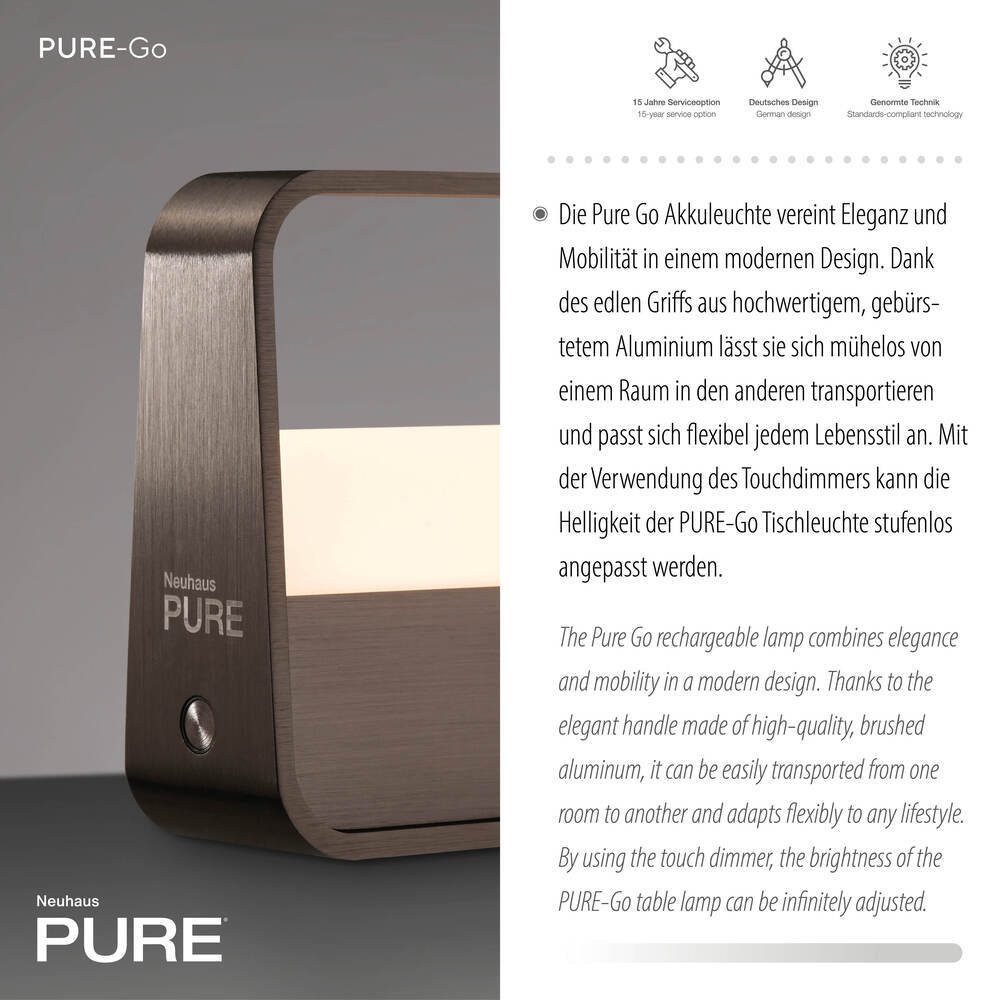 Paul Neuhaus LED Tischleuchte LED Tischlampe PURE Go, Touchdimmer, Memoryfunktion, 1xLED-Board/3W/2700K, warmweiß, Akkubetrieben USB flexibel platzierbar Touchdimmer