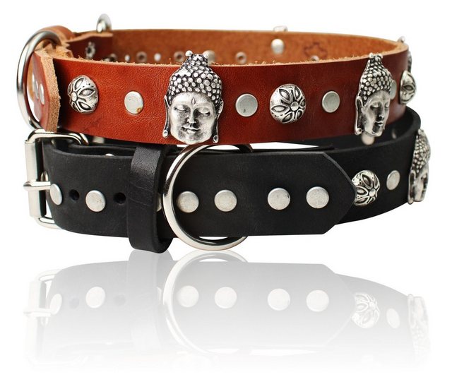 FRONHOFER Hunde-Halsband “17260”, Ökoleder, Hundehalsband mit Buddhaköpfen & Nieten Halsband Ökoleder