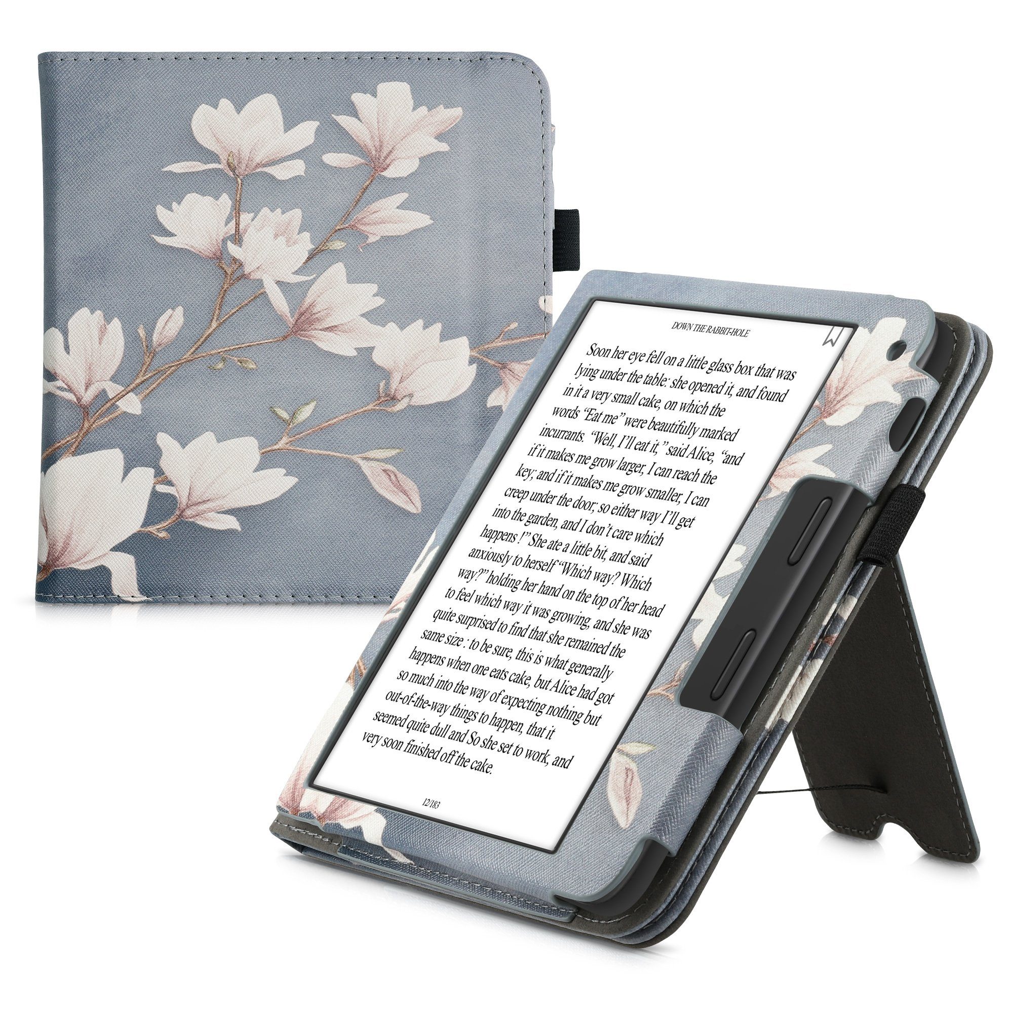 kwmobile E-Reader-Hülle Flip Schutzhülle für Tolino Vision 6, Handschlaufe - Cover Magnolien Design