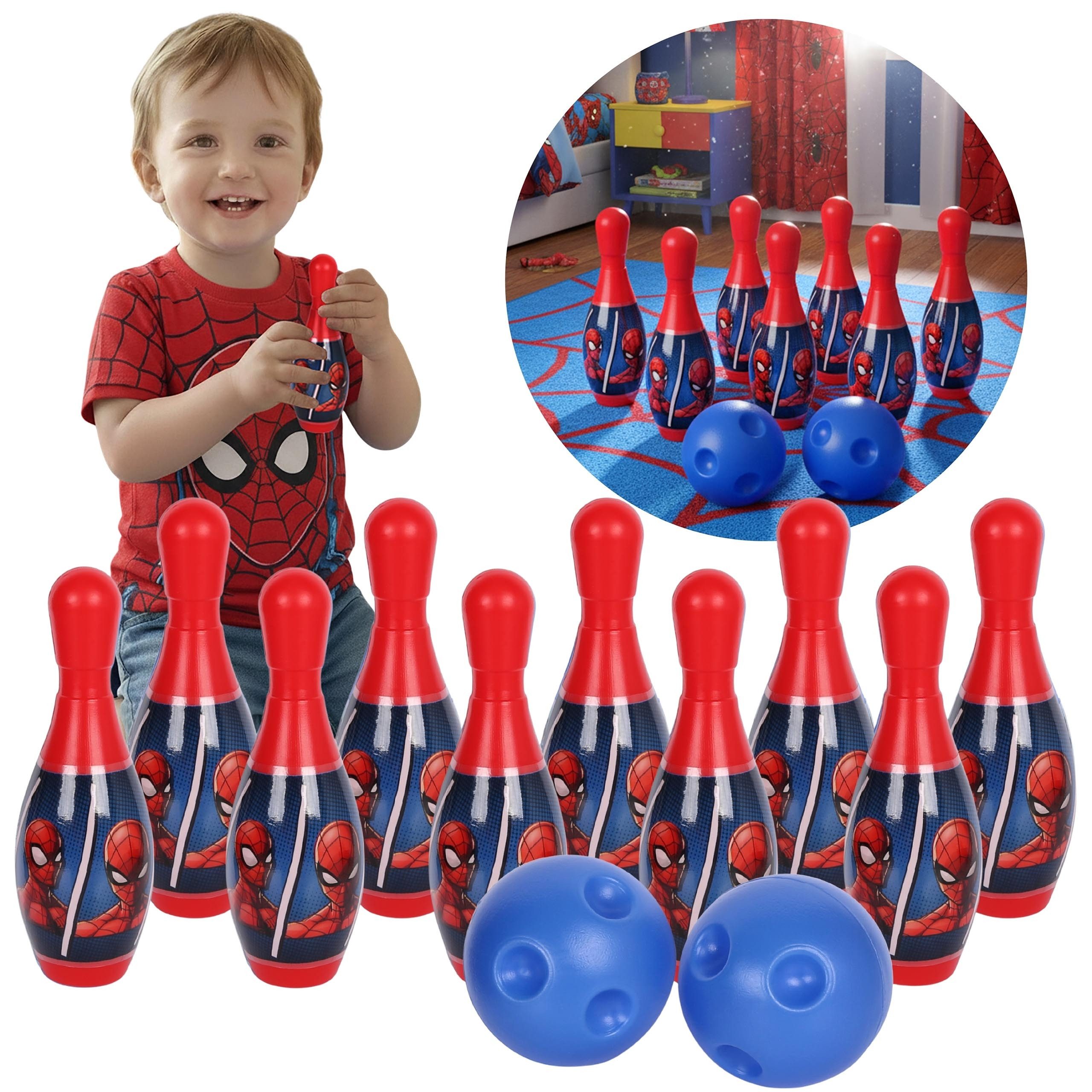 Sarcia.eu Spielesammlung MARVEL Spider-Man Bowling Set Kinder, 10 Kegel + 2 Kugeln, 3+