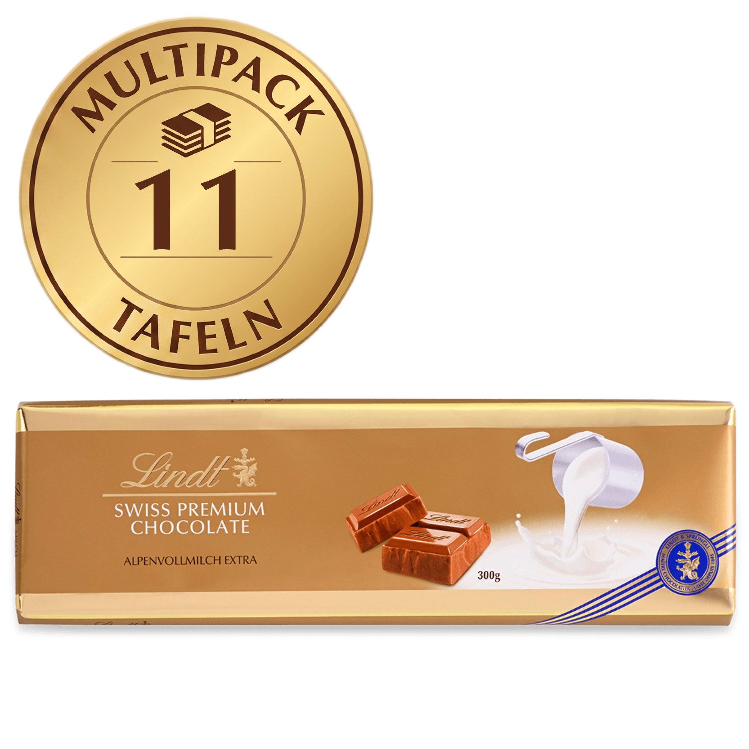 LINDT Schokolade 11x 300g Vollmilch Extra Alpenvollmilch Schokolade Vorratspack Tafeln, 1 x 3300 g, 11 St.