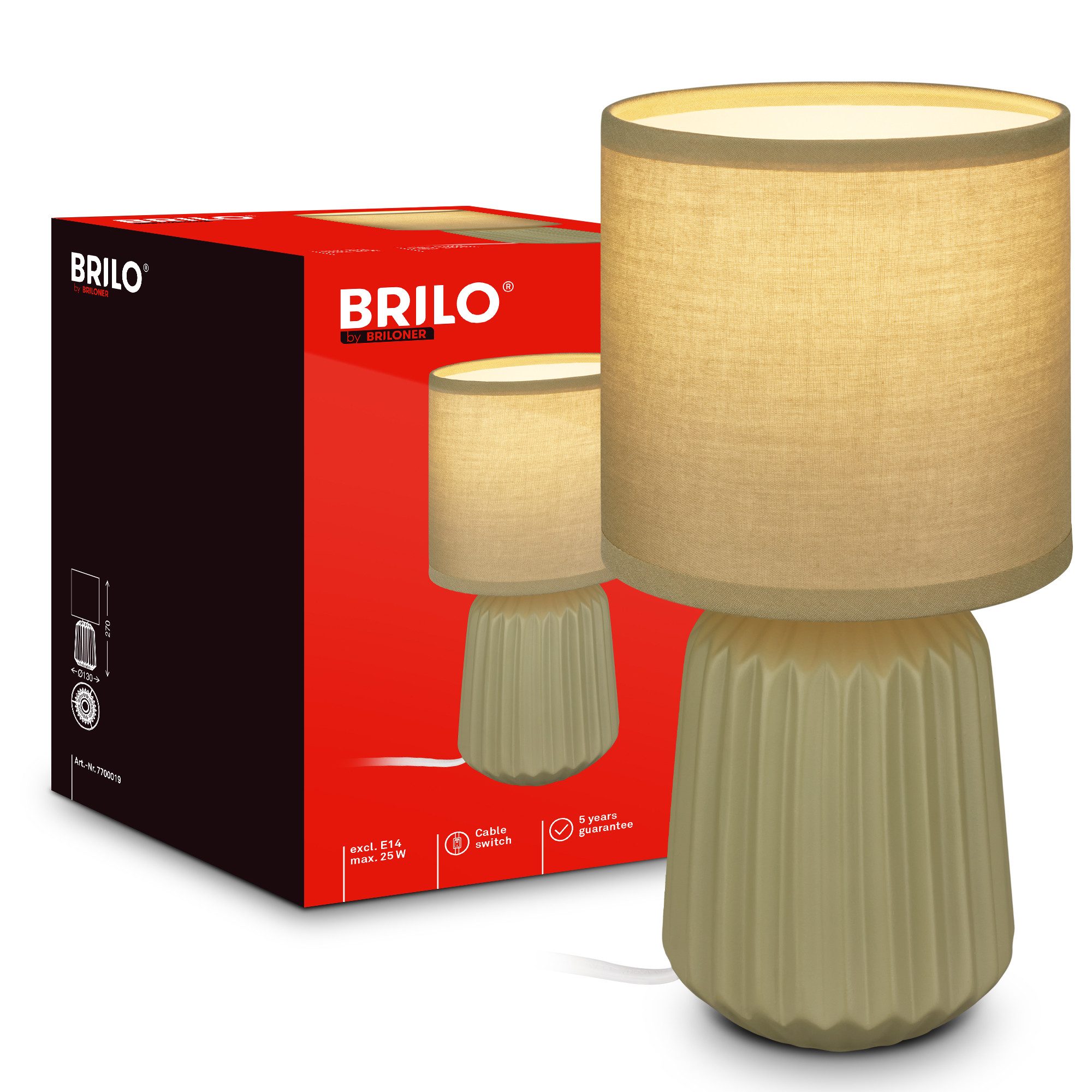 Briloner Leuchten LED Tischleuchte Tischlampe Keramik E14 Stoffschirm Kabelschalter Kommodenlampe, ohne Leuchtmittel, Abhängig vom Leuchtmittel, 13x27 cm, Schlafzimmer, Wohnzimmer, Flur