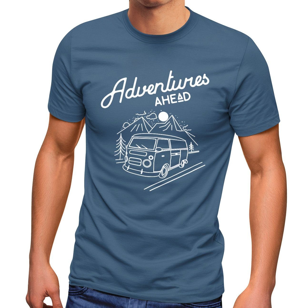 MoonWorks Print-Shirt Herren T-Shirt Bus Retro Abenteuer Adventures Ahead Moonworks® mit Print blau