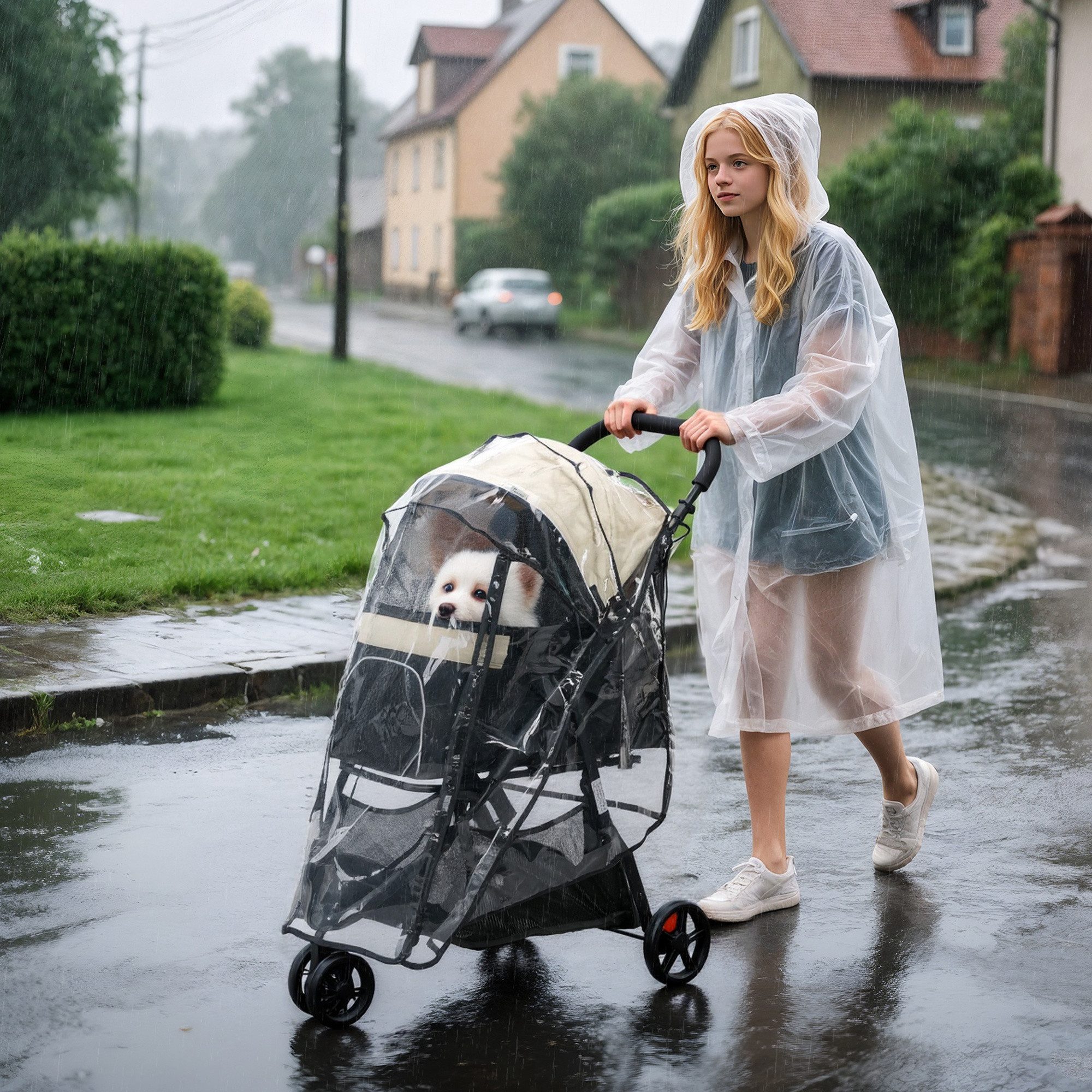 PawHut Hundebuggy 2 in 1, mit Regenschutz, klappbar, mit Kissen, Netzfenstern, Türen, (Haustierwagen, 1-tlg), für Hunde & Katzen bis 10 kg, Khaki