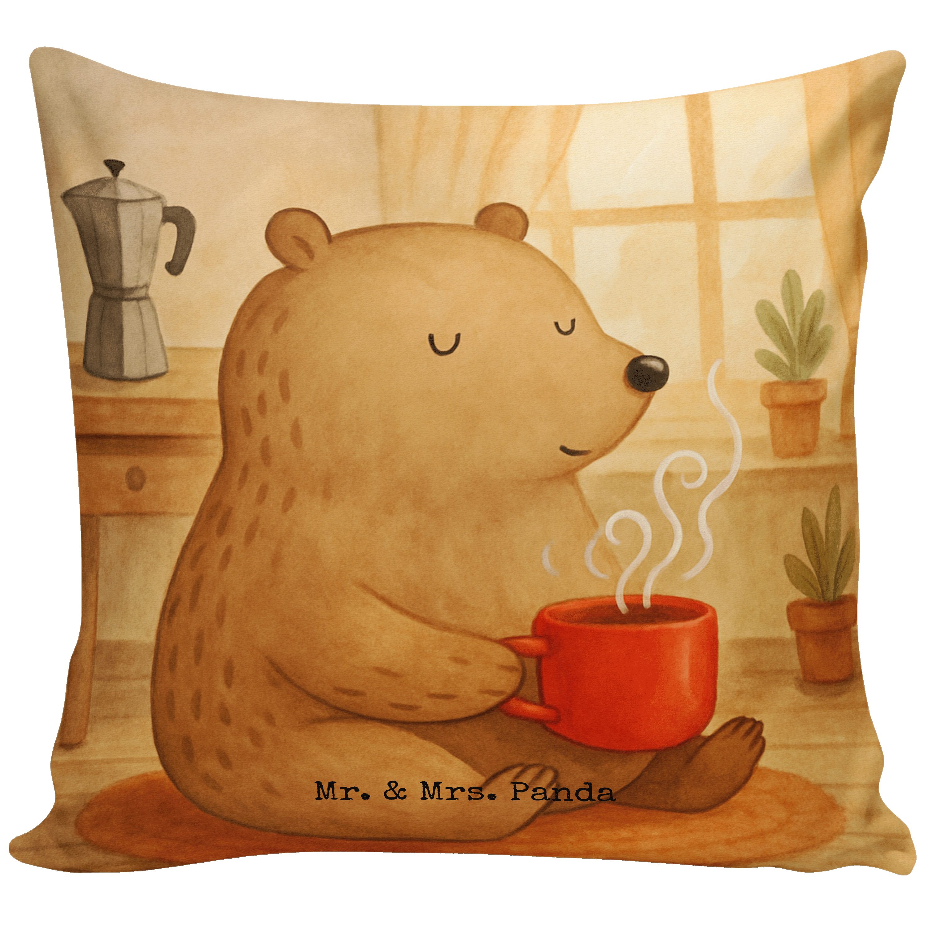 Mr. & Mrs. Panda Dekokissen Bär Morgenkaffee Design, kuschelkissen 40x40, Weiß, Geschenk für Part, couchkissen 40x40 Sofa Kissen für Männer