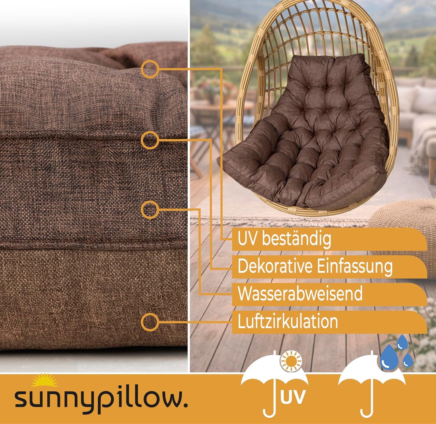 sunnypillow Polsterauflage Hängesessel Kissen - Auflage für Rattan & Polyrattan Hängeschaukel, Braun