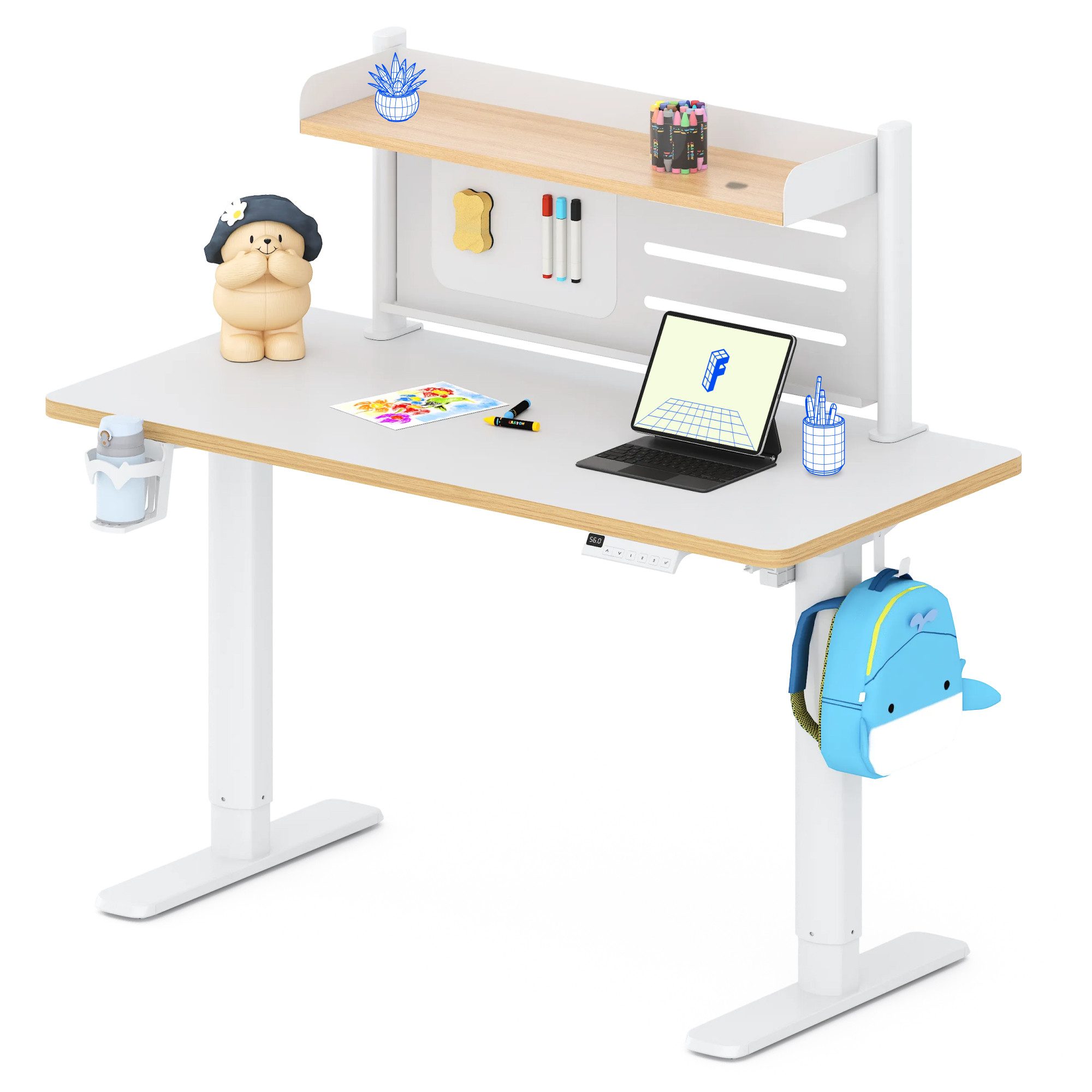 FLEXISPOT Schreibtisch Kinderschreibtisch Höhenverstellbar (3 Speichertasten, Magnetisches Whiteboard, inkl. 3 Whiteboard-Stifte & Tafellöscher), MIT 2xHaken & 1xBecherhalter und Bücherregal