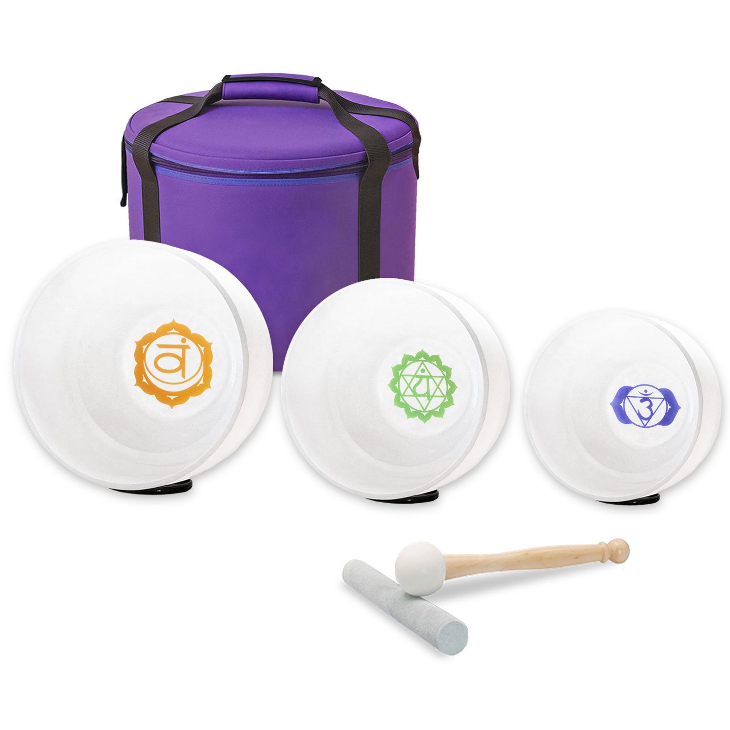 keepdrum Klangschalen keepdrum Klangschalen-Set 3-Chakren Set farbig mit Zubehör,Klangschalen, 3-teiliges Quarz-Klangschalen Set