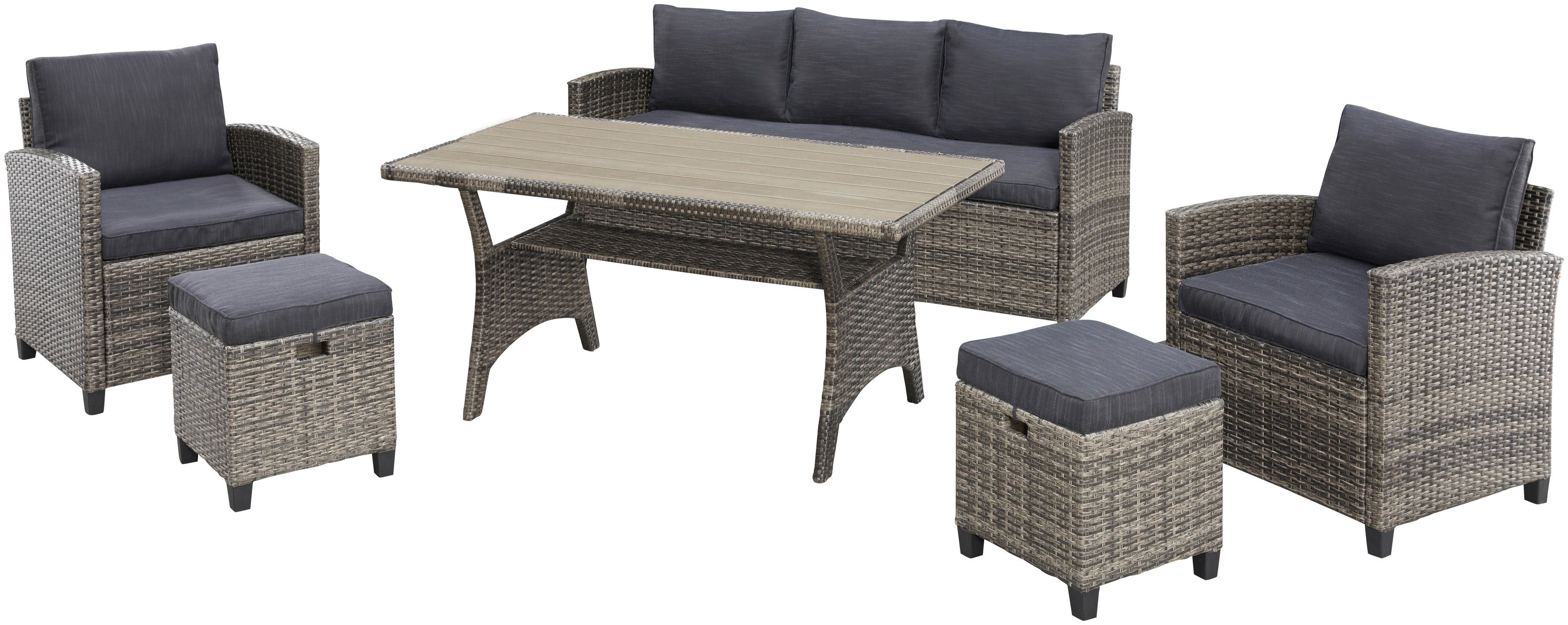 KONIFERA Gartenlounge-Set Amsterdam, (Set, 16-tlg., 1x 3er Sofa, 1x 2 Sessel, 2x Hocker, 1xTisch 144,5x74x67cm,Polyrattan), Stahl, Ablagefläche unter dem Tisch, Loungeset