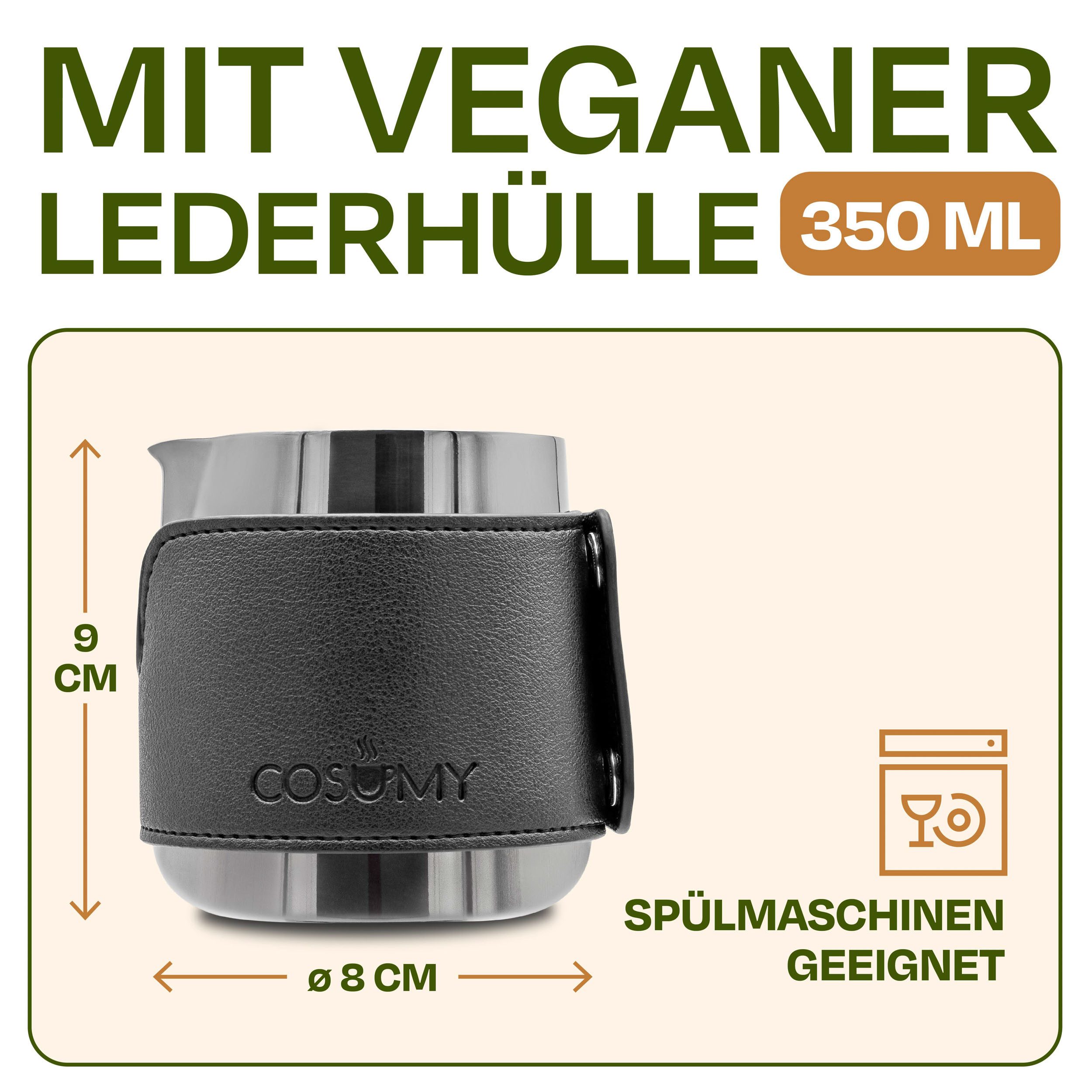 Cosumy Milchkännchen Barista Milchkännchen Edelstahl 350ml mit Lederhülle, 350 l, (Set, 1-St), Griffloses Design - Messskala im Inneren