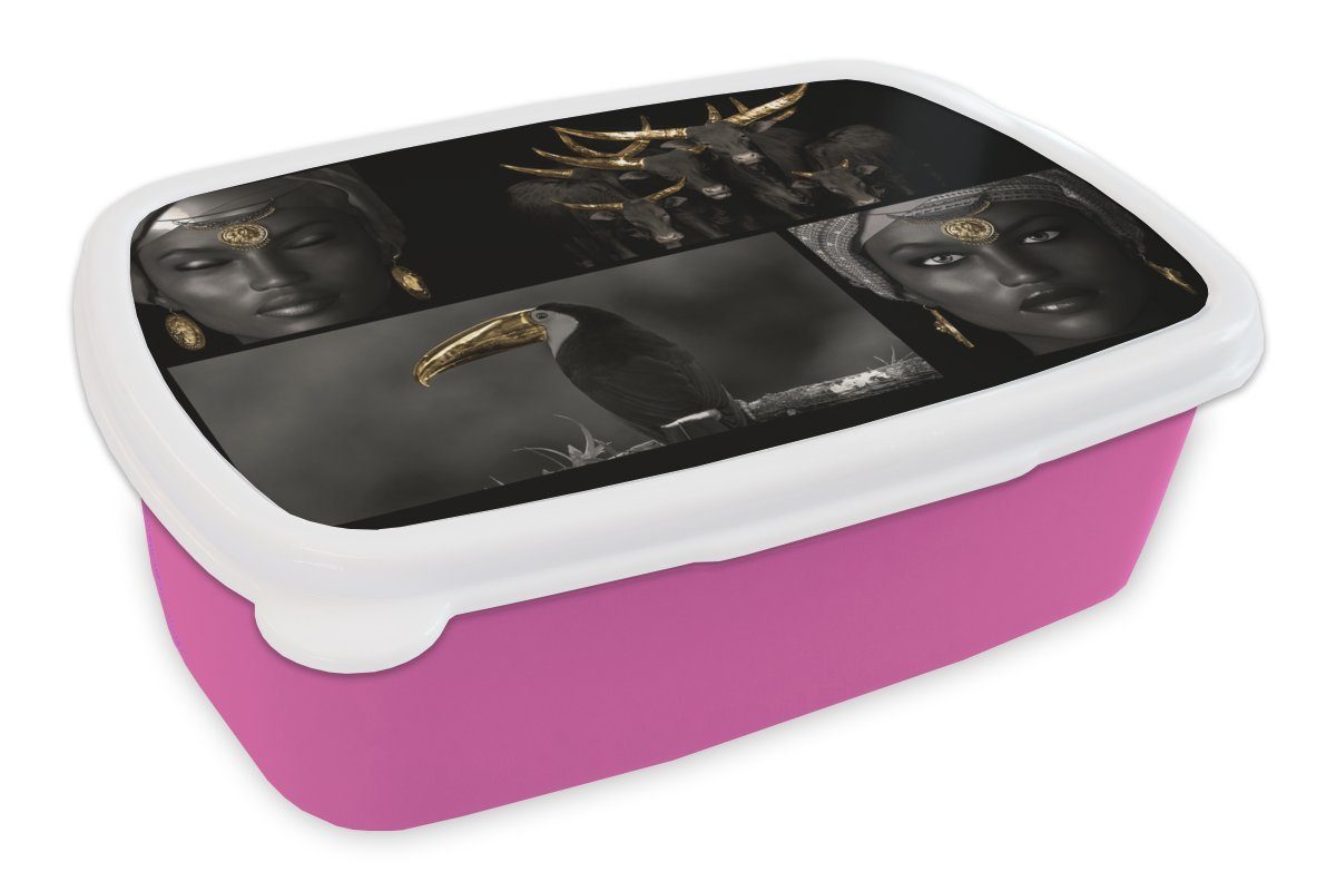 MuchoWow Lunchbox Collage - Tiere - Frauen - Gold, Kunststoff, (2-tlg), Brotbox für Erwachsene, Brotdose Kinder, Snackbox, Mädchen, Kunststoff rosa