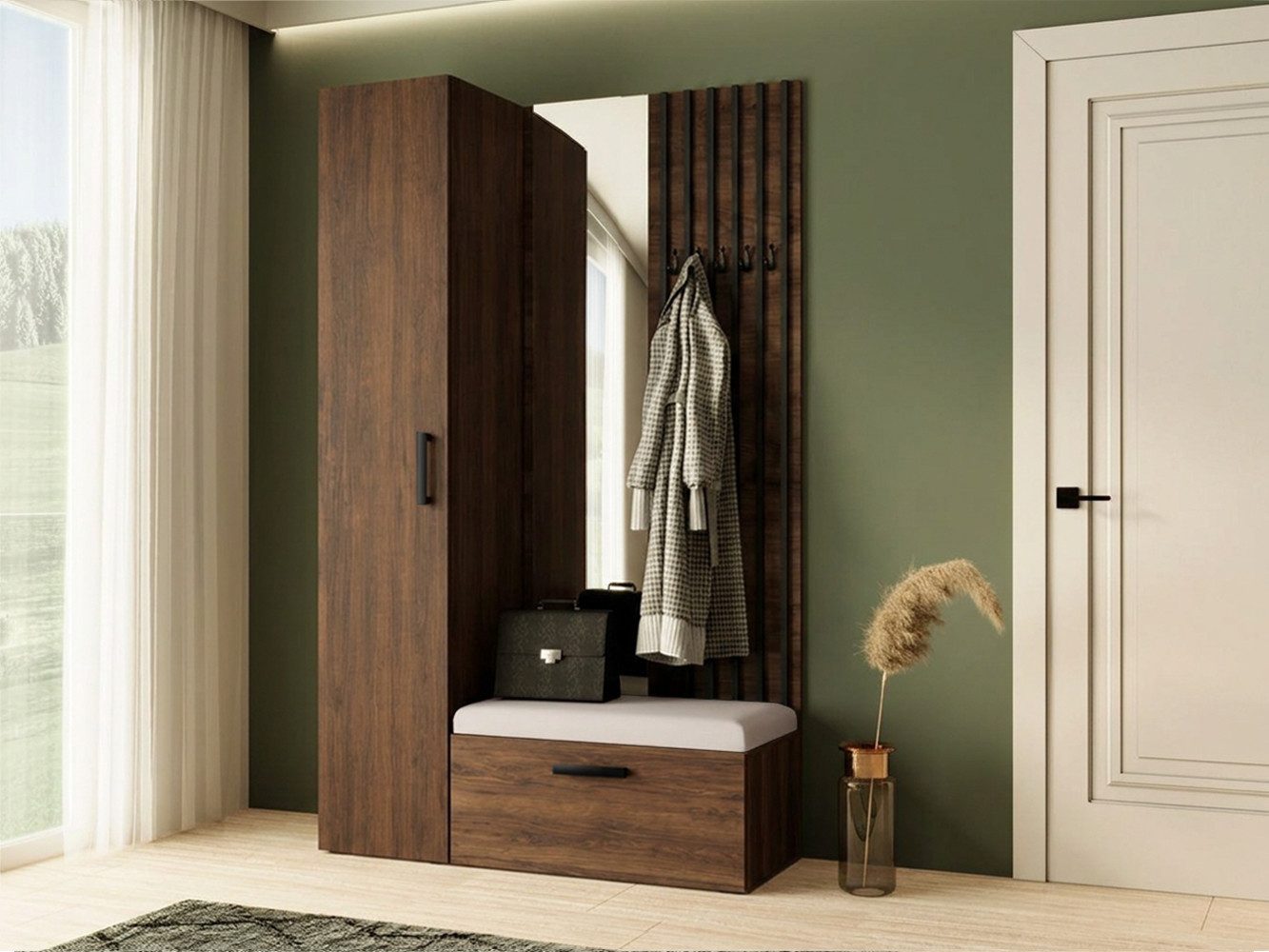 Beautysofa Garderoben-Set MARGARET Flurgarderobe mit Spiegel, (Kleiderschrank, Schuhschrank, Sitzbank, Kleiderstange, Flurmöbel-Set mit Lamellen), verschiedene Farben und Breiten