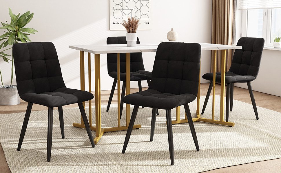 OKWISH Essgruppe Esstisch mit 4 Stühlen Set, (5-tlg), mit Golden Metallbeinen,Weißer MDF-Desktop,140×80cm