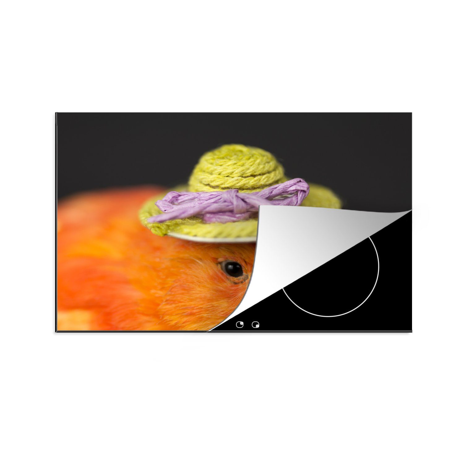 MuchoWow Herdblende-/Abdeckplatte Kanarienvogel mit Hut auf schwarzem Hintergrund, Vinyl, (1 tlg), 81x52 cm, Induktionskochfeld Schutz für die küche, Ceranfeldabdeckung