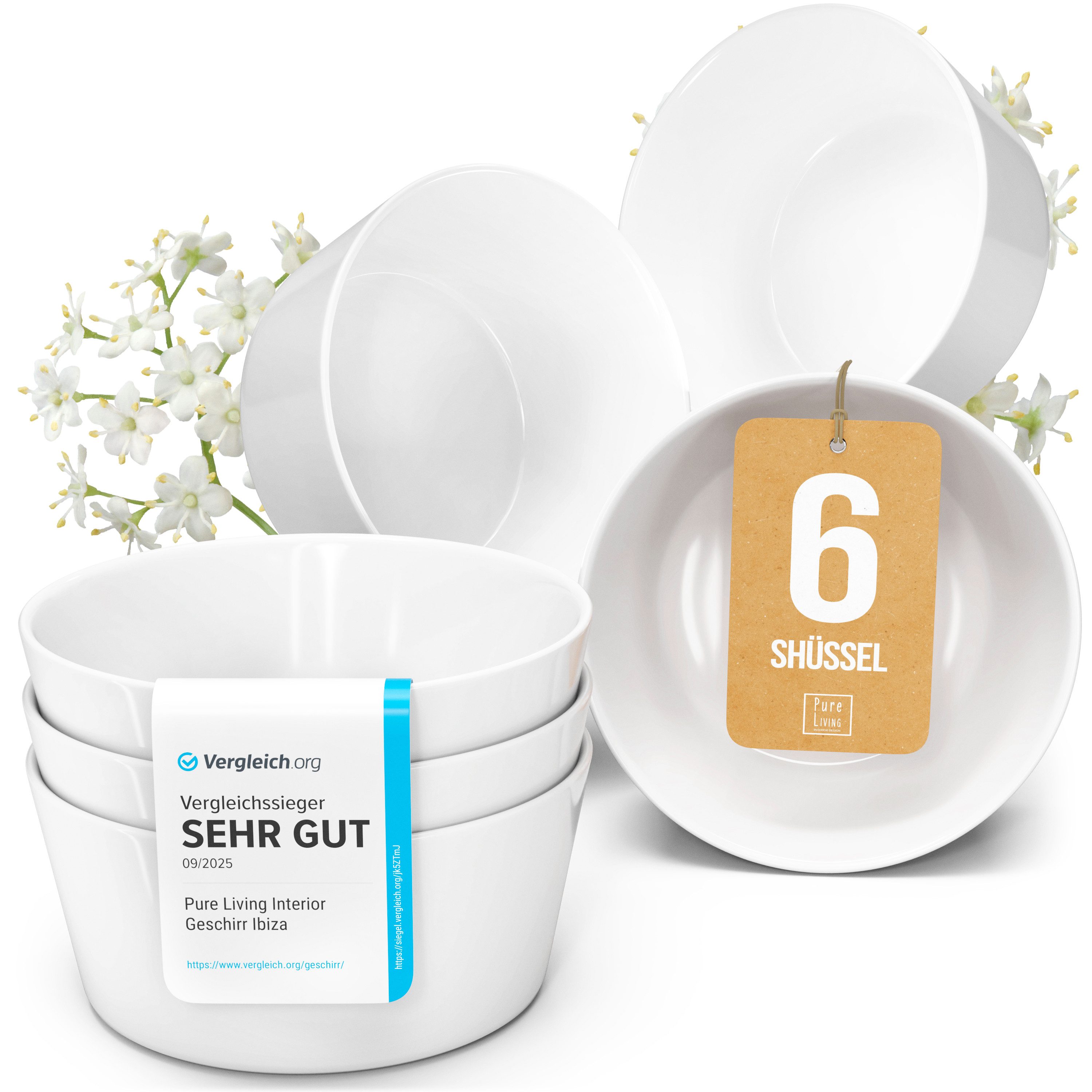 PURE LIVING INTERIOR DESIGN Geschirr-Set Pure Living Müslischale 6er 16cm »Crystal«, Porzellan Weiß, 6 Personen, Porzellan, Zeitloses minimalistisches Design, Reines Weiß – elegant & schlicht, …