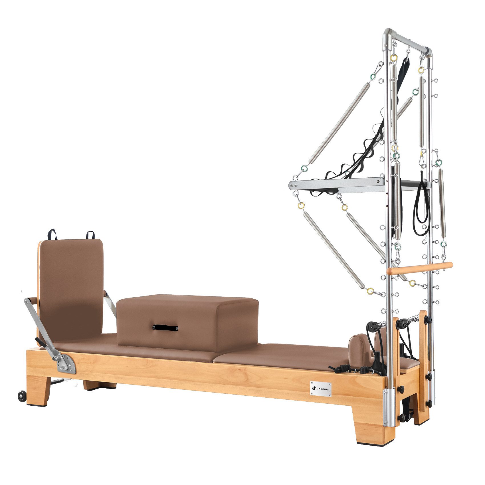 JASPORT Pilates-Reformer B80 mit Tower aus Buchenholz, 150 kg belastbar, (Pilates Reformer Set inkl. Tower und Zubehör), Massives Buchenholz, Mehrfaches Federsystem