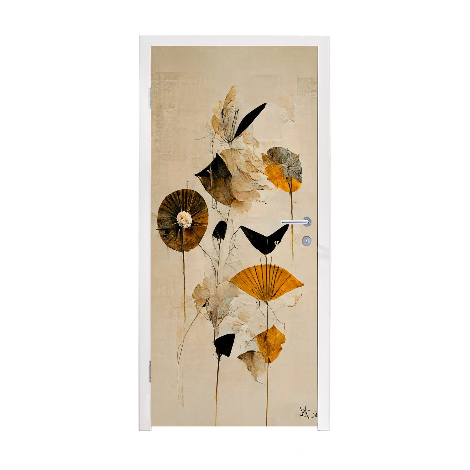 - Türtapete Fototapete - Türaufkleber, für MuchoWow St), Pflanzen Tür, 75x205 Gold, bedruckt, cm Vintage (1 Blumen - Matt,