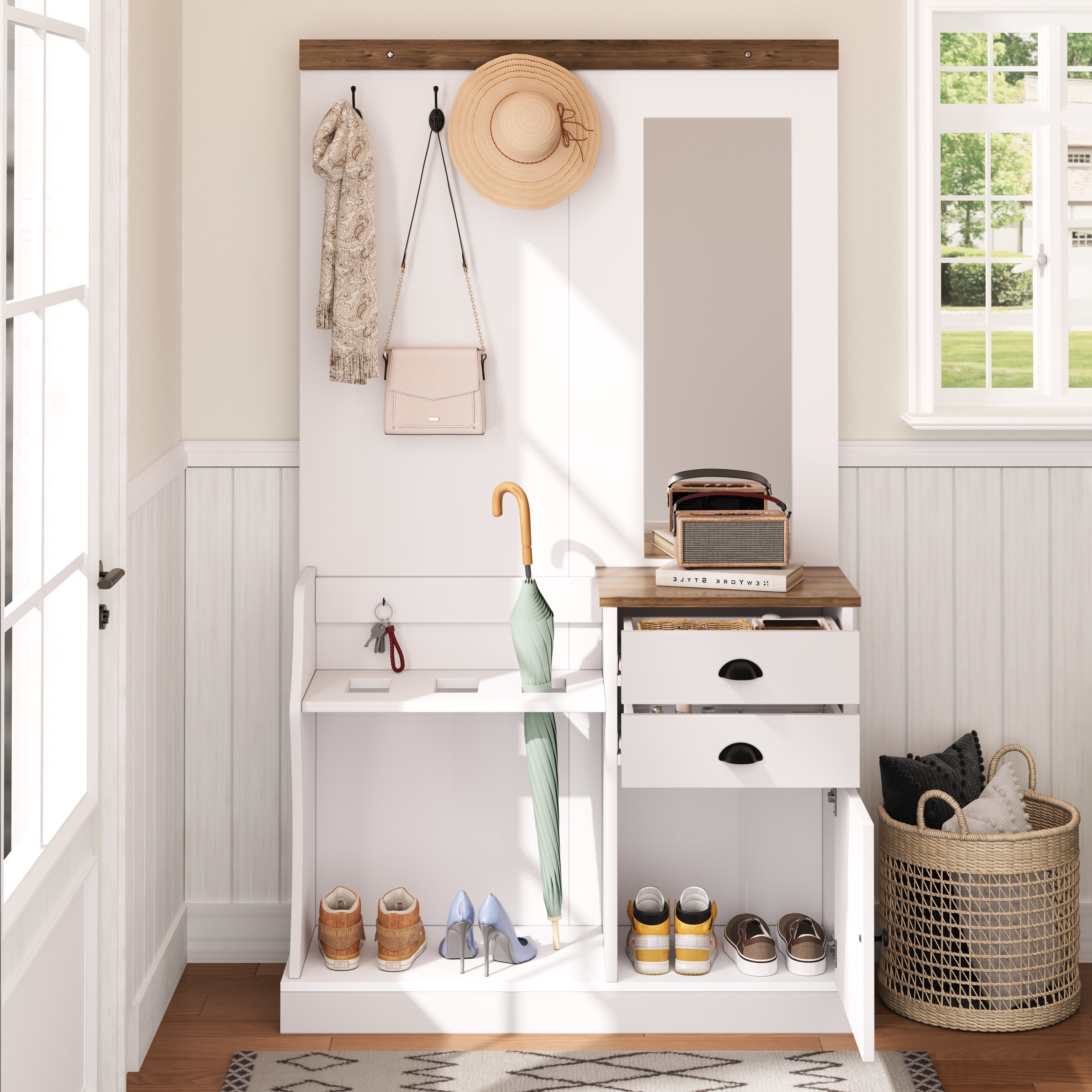 Merax Garderoben-Set mit Spiegel in Holz und Weiß, (Flurgarderoben Set Scandi Flurschrank, 1-St., 110,5 L x 38 B x 191 H (cm), Kompaktgarderobe mit Schubladen,  – Bild 3 von 5