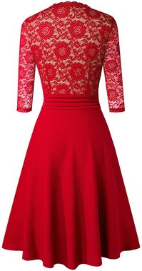 RUZU UG Spitzenkleid Damenkleider A-Linien-Kleider aus Spitz V-Ausschnitt Sommerrock MODE