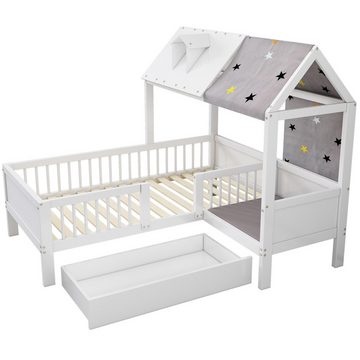 PFCTART Einzelbett Hausförmiges Kinderbett aus Holz, mit Zeltstoff und Schubladen (ohne Matratze, 90*200, weiß)