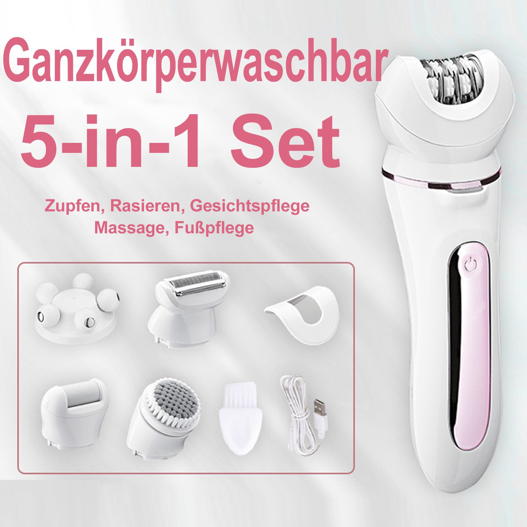 Senmudi Epilierer Damen für Haarentfernung, 5-in-1 Elektrischer Rasierer Frauen mit usb, Aufsätze: 9 St., Epilierer mit schwenkbarem Kopf,Wet & Dry mit 5 Extras,schmerzfrei, USB-Aufladung & kabellos für Beine,Körper,Gesicht, Beine und Arme,Rosa