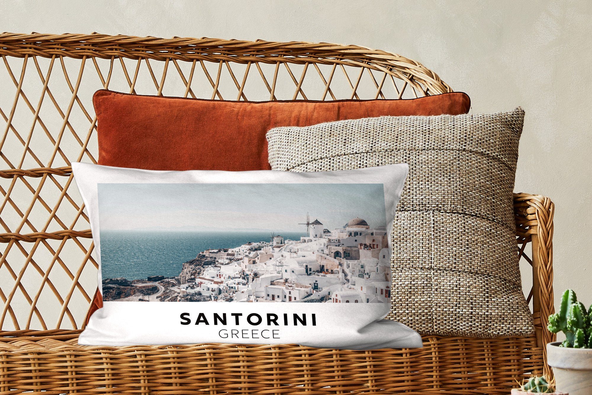 Dekokissen mit Dekoration, - - Schlafzimmer Santorin Griechenland Dekokissen MuchoWow Wasser, Füllung, Zierkissen, Wohzimmer