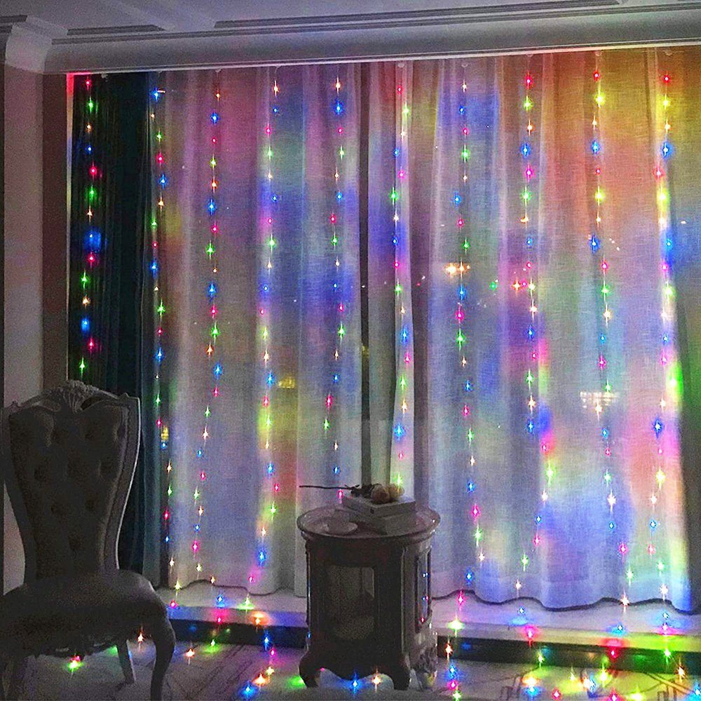 Sunicol LED-Lichtervorhang 3x3m 300 LED Wasserdicht, Fenster Nachtlicht Party Mehrfarbig USB für Innen Weihnachten Zimmer Dekoration, Lichternetz, Lichterketten, Wand Vorhang