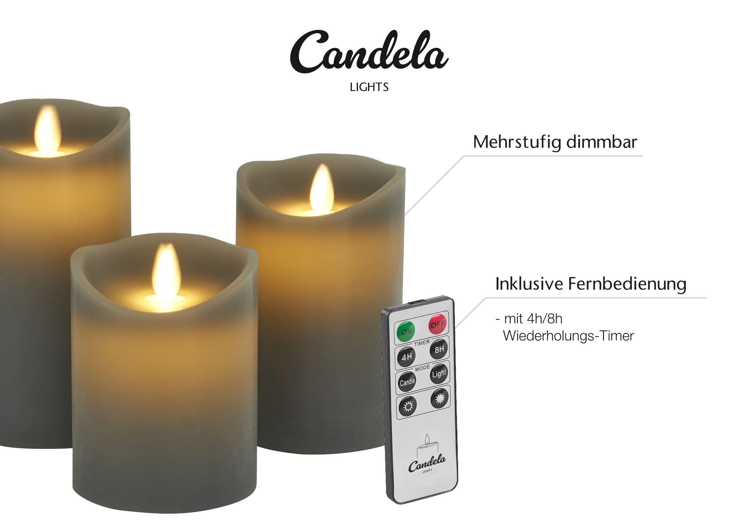LC Home LED-Kerze Set Echtwachskerze Timerfunktion Fernbedienung LED Kerzen Dimmbar (Set, 3-tlg., LED Kerzen Set Stumpenkerzen mit Fernbedienung Timerfunktion dimmbar), LED Kerzen 3er Set in 7,5x10/12,5/15 oder 5er Set in 5x13/14/16/18/20