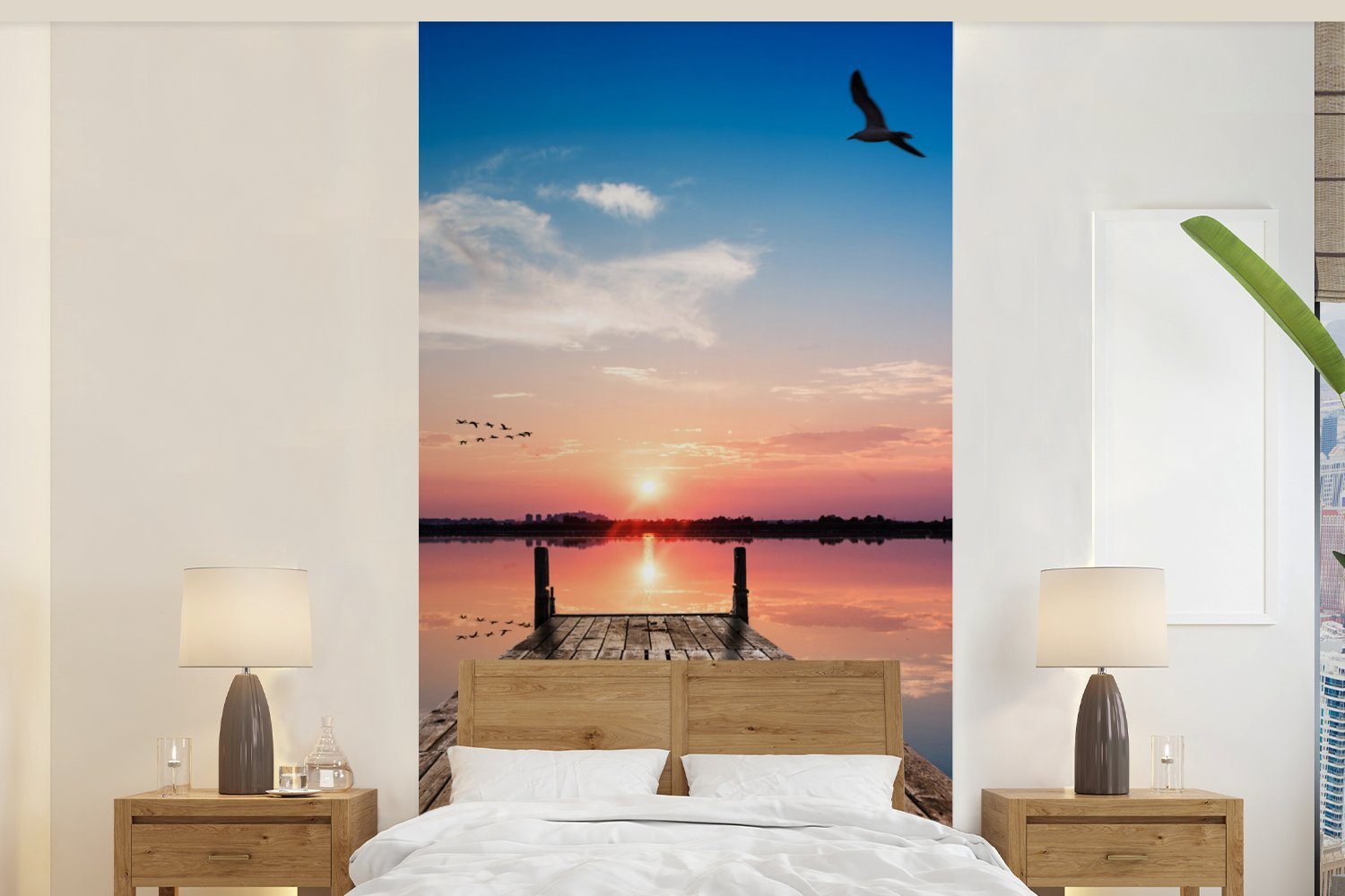 MuchoWow Fototapete Steg - Wasser - Sonnenuntergang - Rosa - Horizont, Matt, bedruckt, (2 St), Vliestapete für Wohnzimmer Schlafzimmer Küche, Fototapete