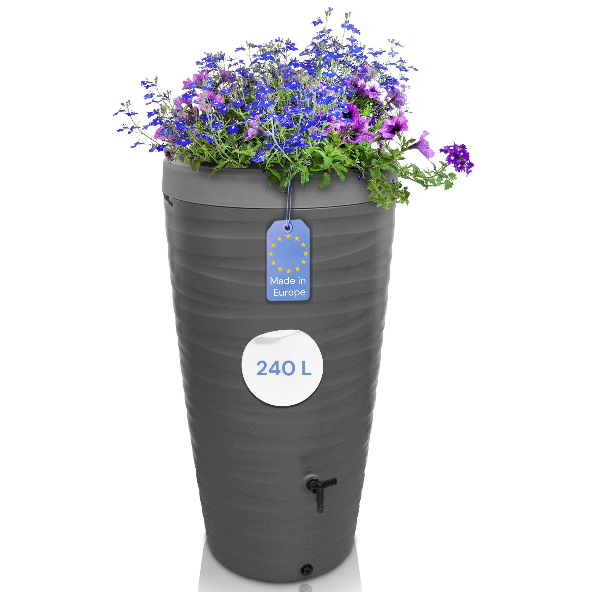 YourCasa Regentonne 240 Liter [Wave Design] Regenfass aus Kunststoff mit Wasserhahn, Bepflanzbar,240L,mit Wasserhahn