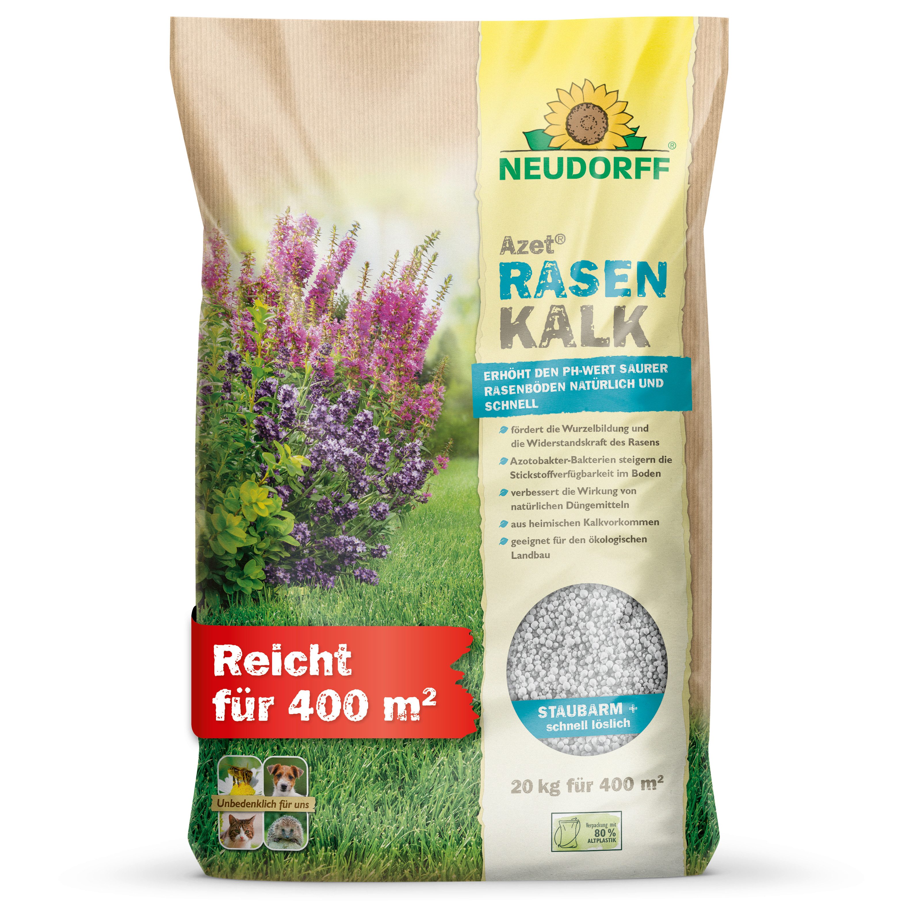 Neudorff Rasenkalk Azet RasenKalk 20 kg, Staubarm & schnell löslich für eine einfache Ausbringung, Mit Calcium, Magnesium & lebenden Mikroorganismen, Mit Calcium, Magnesium & Mikroorganismen für den Rasenboden