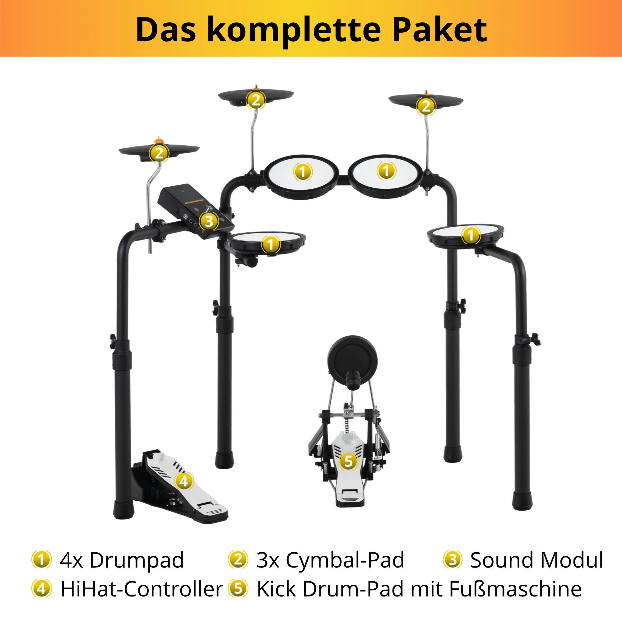 XDrum E-Drum DD-250P E-Drum Kit Set - Sehr platzsparendes E-Drum Set mit Zubehör,Komplett-Set, 10-St., Integrierter Bluetooth-Empfänger, 12 Presetkits mit 74 Sounds & 10 Playalong Songs