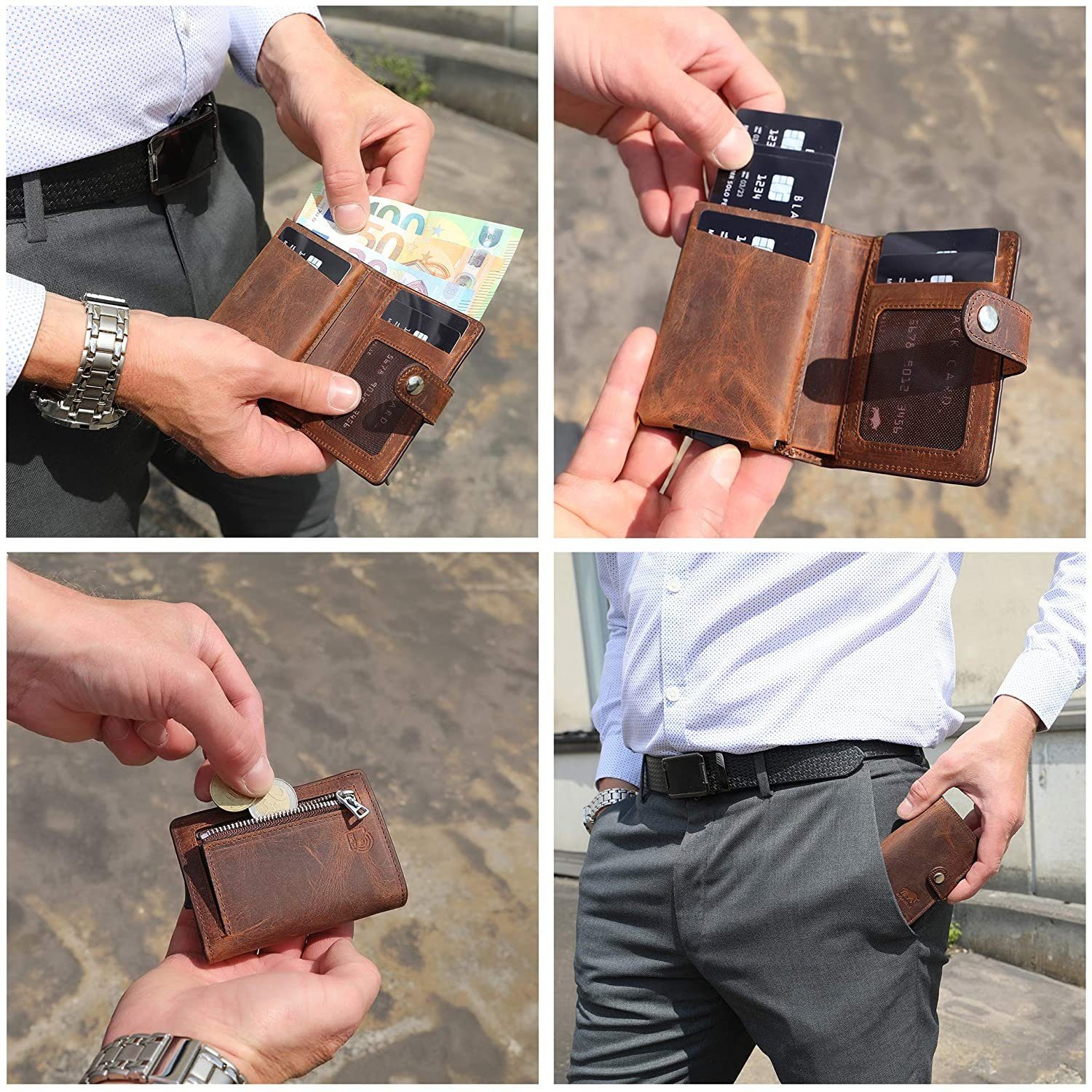 Solo Pelle Mini Geldbörse Q-Wallet in Schutz Leder Vintage Leder, mit mit 15 RFID Europe, in Echt Geldbörse Made Kartenetui Karten, Braun integriertem Design für elegantem