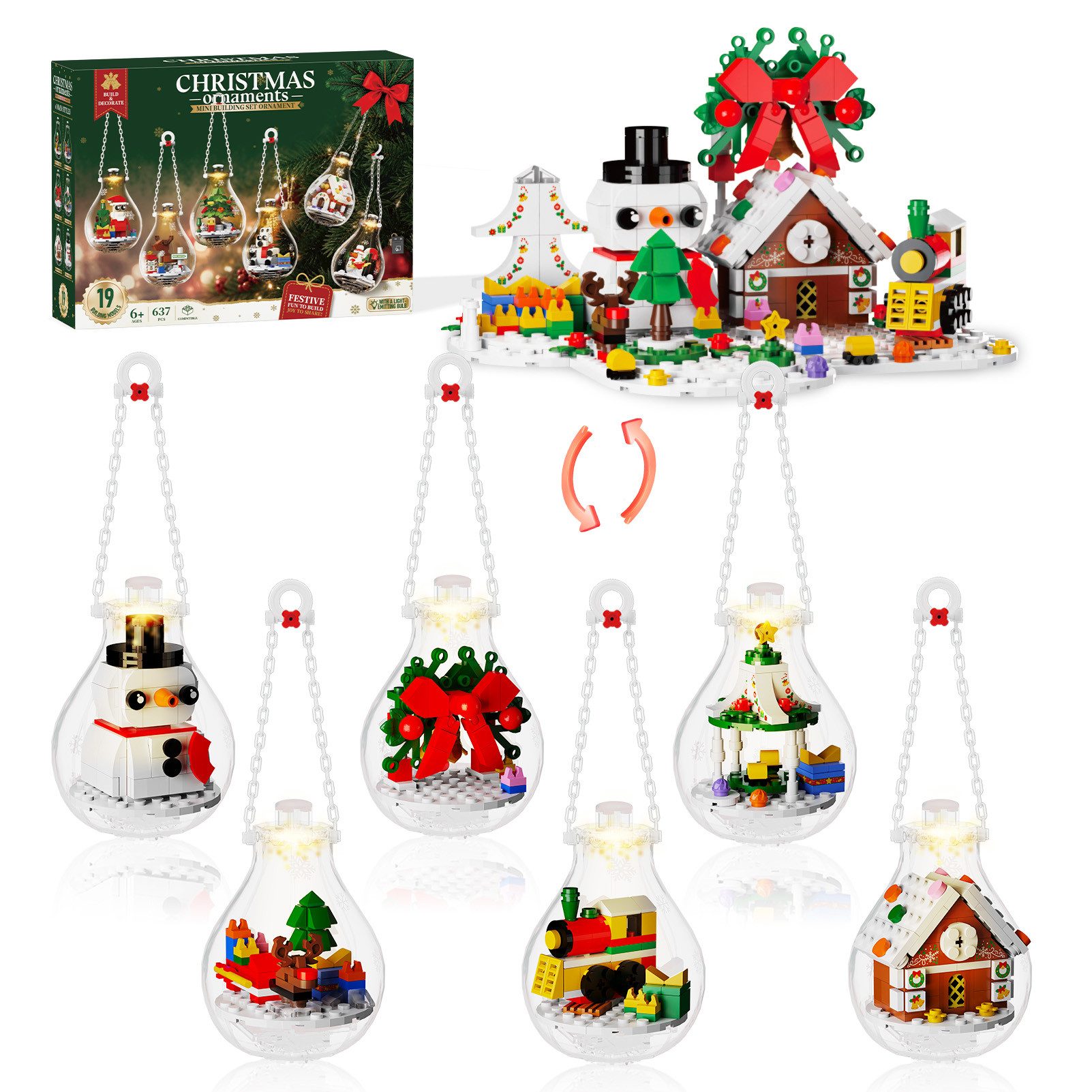 Esun Weihnachtsdeko Klemmbausteine 2026, Leuchtende Weihnachtsbaumschmuck Spielbausteine, (Set, 556 St., Komplettset), Diorama in einer Weihnachtskugel: 556 Teile