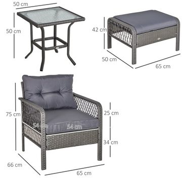 Outsunny Sitzgruppe Rattan Gartenmöbel Set für 4 Personen 5-TLG mit Hocker Tisch, (Gartenmöbel, 5-tlg., Balkonmöbel), Metall Grau 65 x 66 x 75 cm
