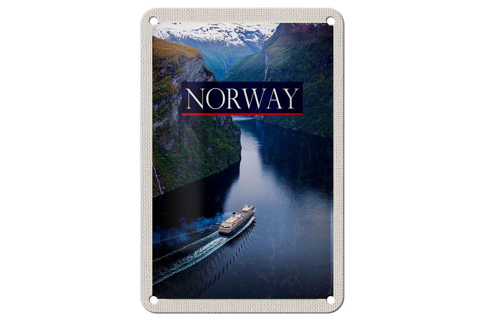 Femer GmbH Metallschild Reise 12x18cm Norwegen Kreuzfahrt Reise Meer Gebirge Schild, (1 St), gewölbte Oberfläche, abgerundete Ecken, umgeschlagene Kanten