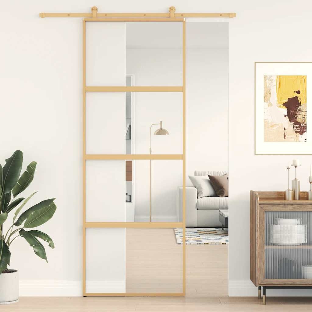 furnicato Schiebetür ESG-Klarglas Aluminium 76x205 cm Golden, Geräuschlose Glastür mit Türdämpfer für deinen Wohnbereich