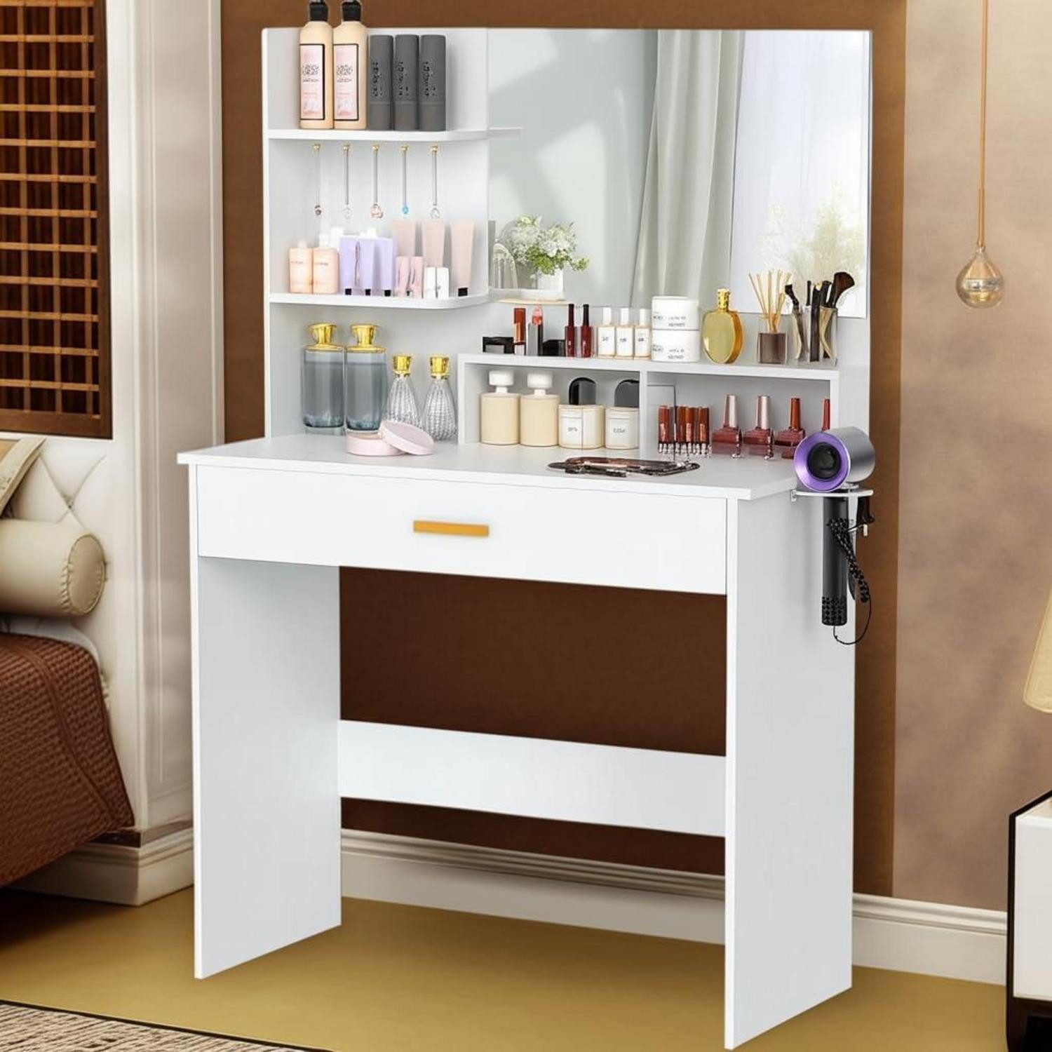 Schminktisch Schminktisch mit Spiegel und Schublade, Weiß, Modern, 90x40x135cm