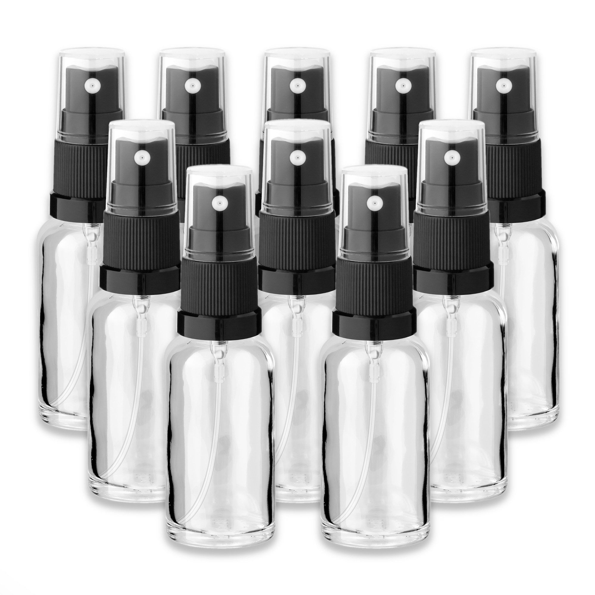 CK Verpackung GmbH Zerstäuberflasche 10x Klare Glasflasche 30 ml mit schwarzem Zerstäuber Sprühkopf Spray (Set x10)
