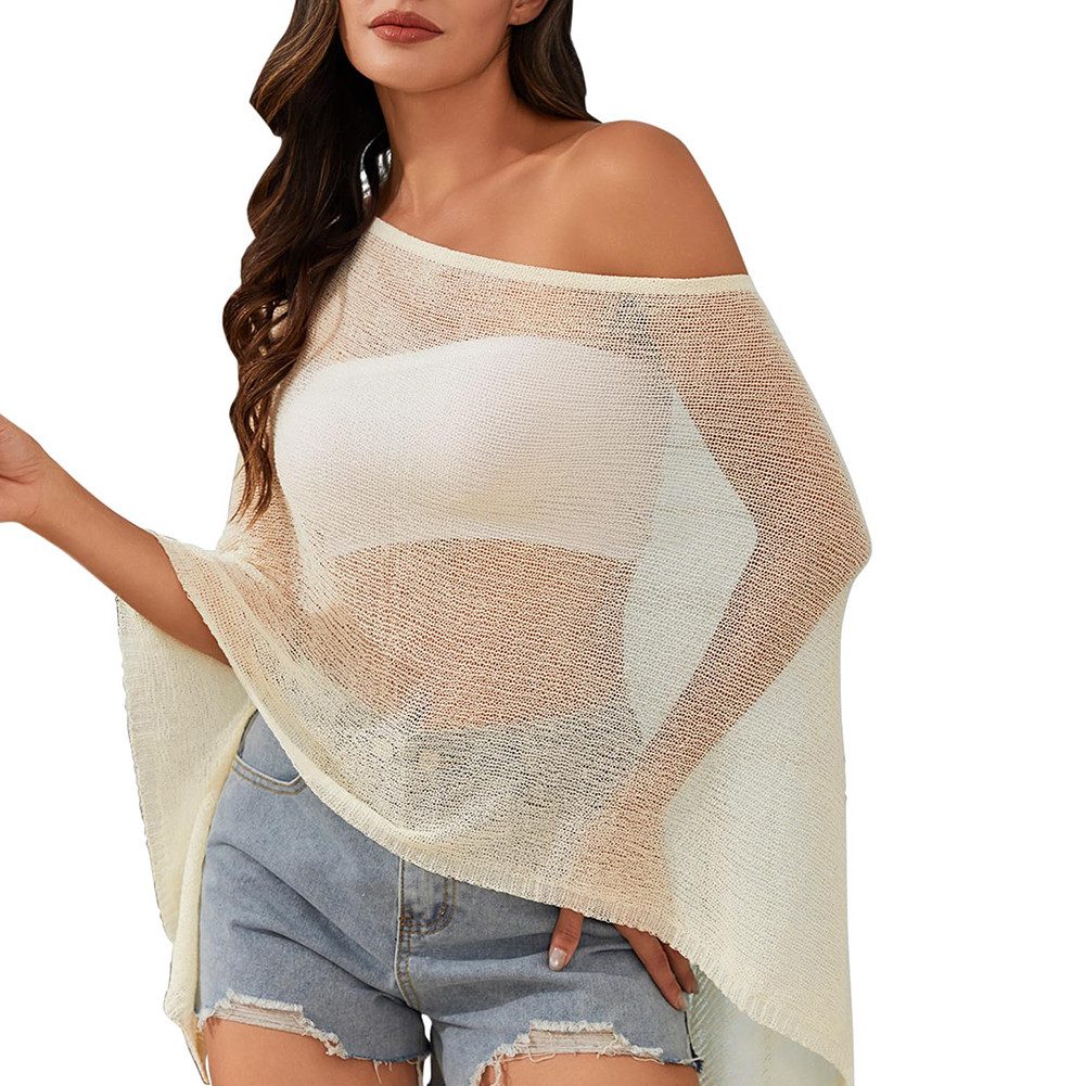Zaewry Strandtop Luftiges Häkel-Outfit mit freien Schultern Gehäkeltes,Langarm Poncho & Strandponcho als Bade-Abdeckung für den Strand