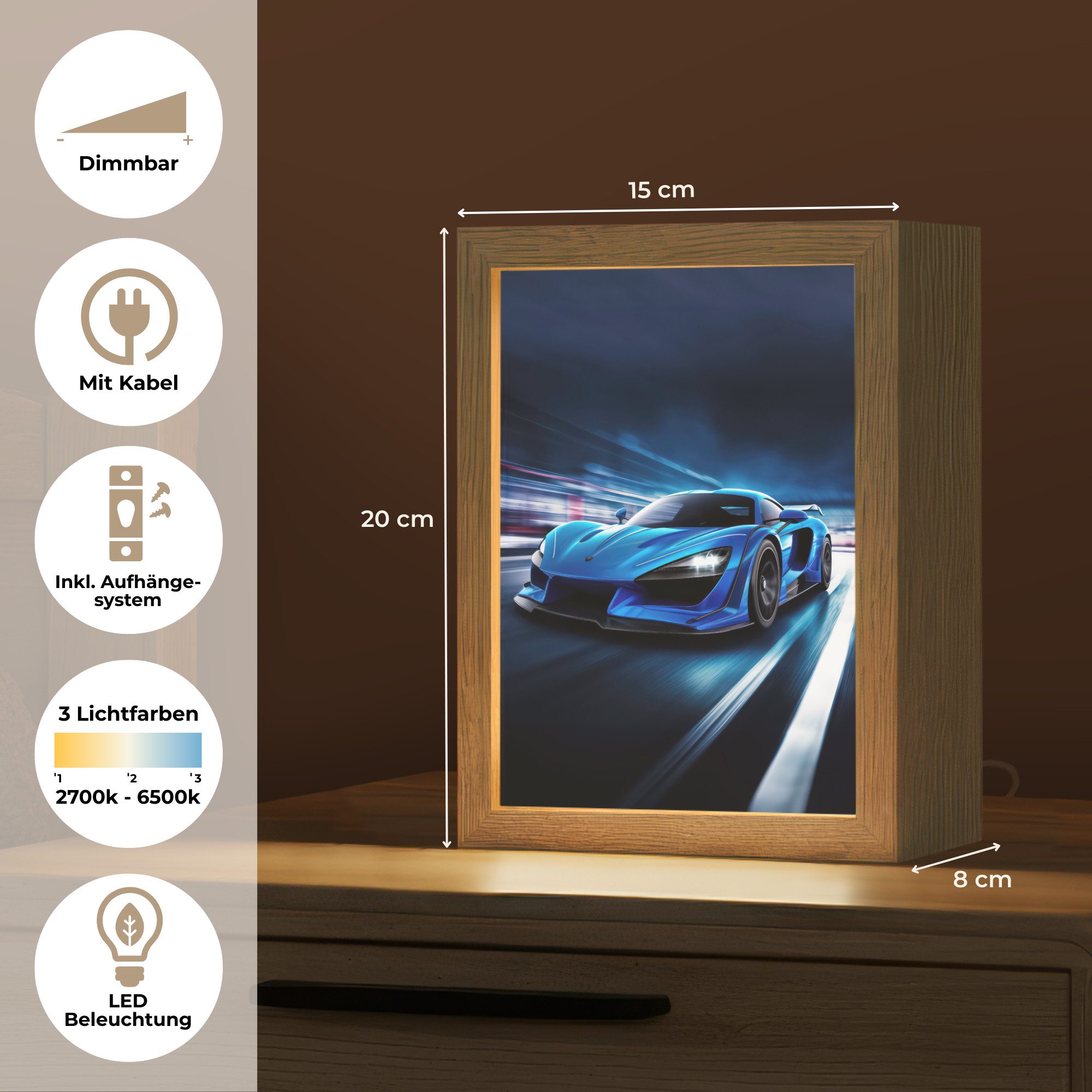 OnlyWow Nachttischlampe Lightbox Auto - Blau - Jungen - Kind, Dimmbar, Farbwechsel, LED, Warmweiß, Kaltweiß, Neutralweiß Einstellbar, Kinderzimmer, Babyzimmer, Dimmbar, mit Kabel, Nachtlampe, LED