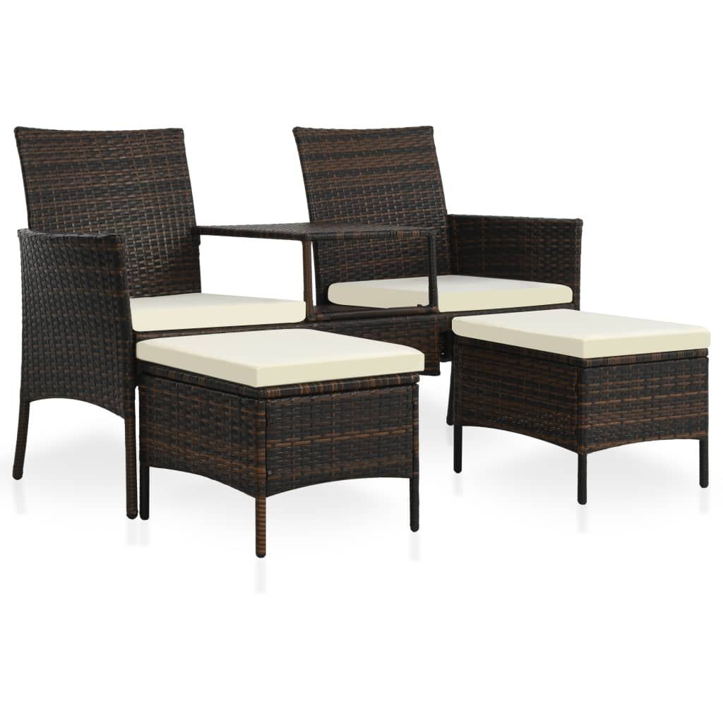 Tisch Teile vidaXL Poly 2-Sitzer-Gartensofa Loungesofa & Braun, Hocker Rattan 1 mit
