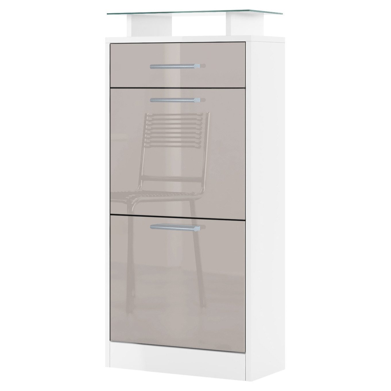 Vladon Schuhschrank Loret V2 (Schuhkipper für 8 Paar Schuhe, mit 2 Klappen, 1 Schublade und Glasablage) Weiß matt/Sandgrau Hochglanz (46 x 104 x 23 cm)