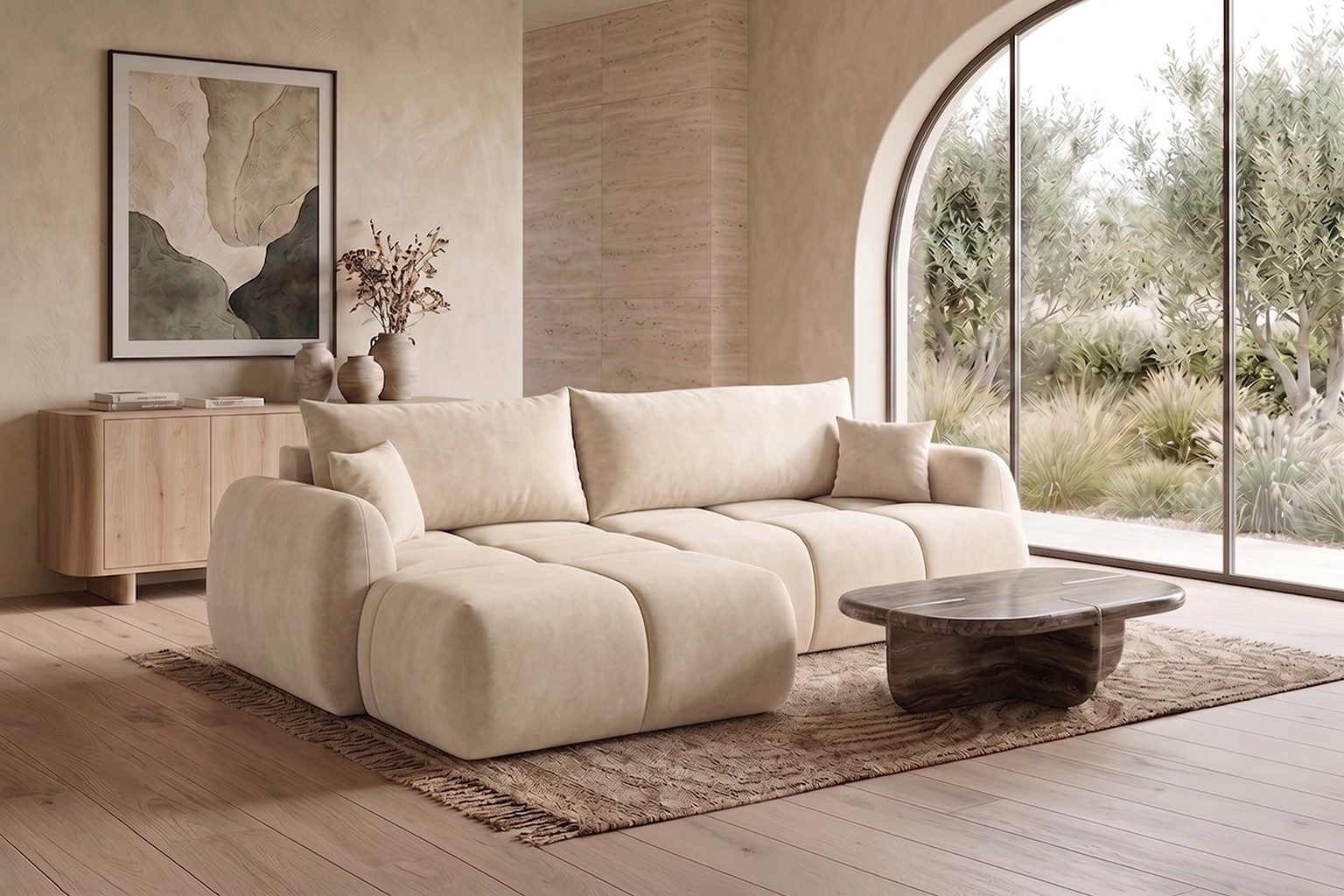 Kaiser Möbel Ecksofa mit Schlaffunktion, Bettkasten und Velvet-Stoff Bluvel COCO, Mit Schlaffunktion,Rückseite vollständig im Originalstoff bezogen