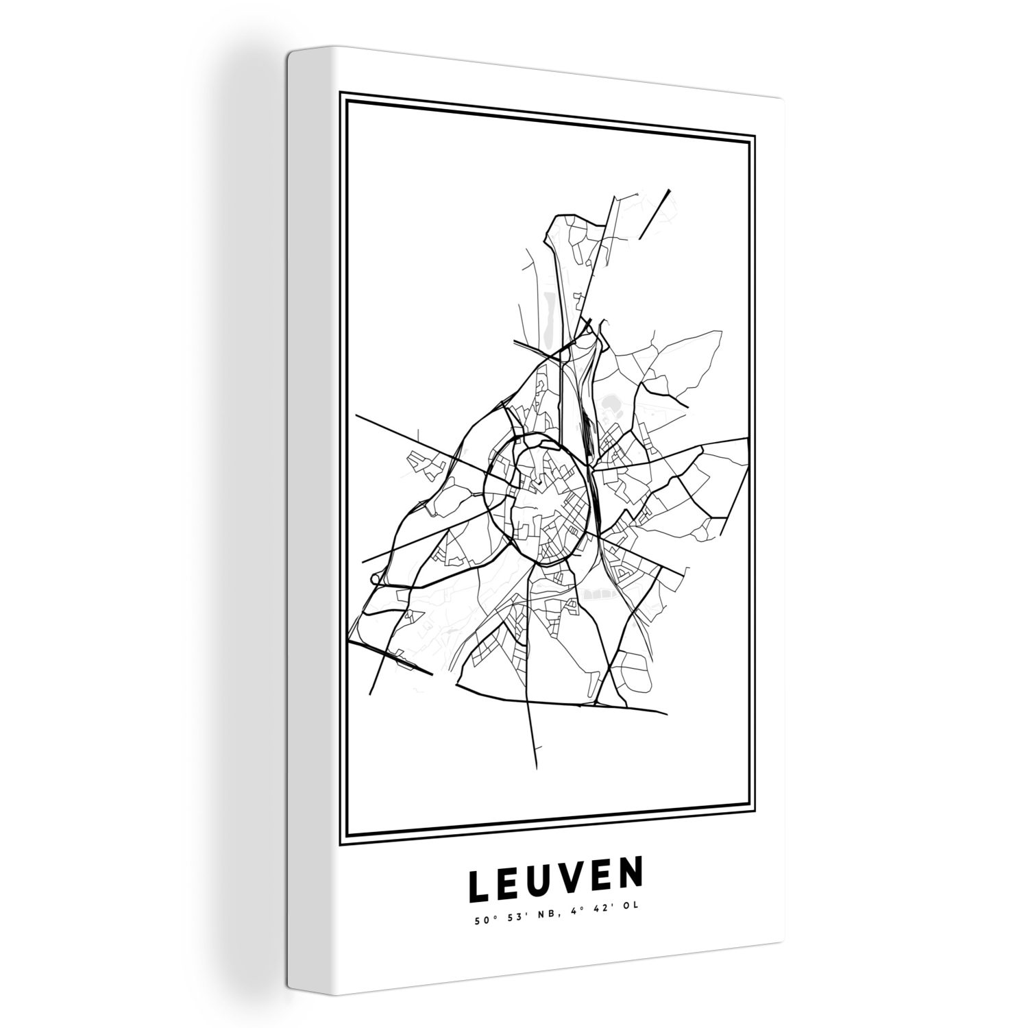 - St), (1 Grundriss, weiß Gemälde, und Belgien - Leinwandbild Leuven inkl. cm 20x30 Stadtplan - - bespannt Schwarz Karte - Leinwandbild fertig Zackenaufhänger, OneMillionCanvasses®